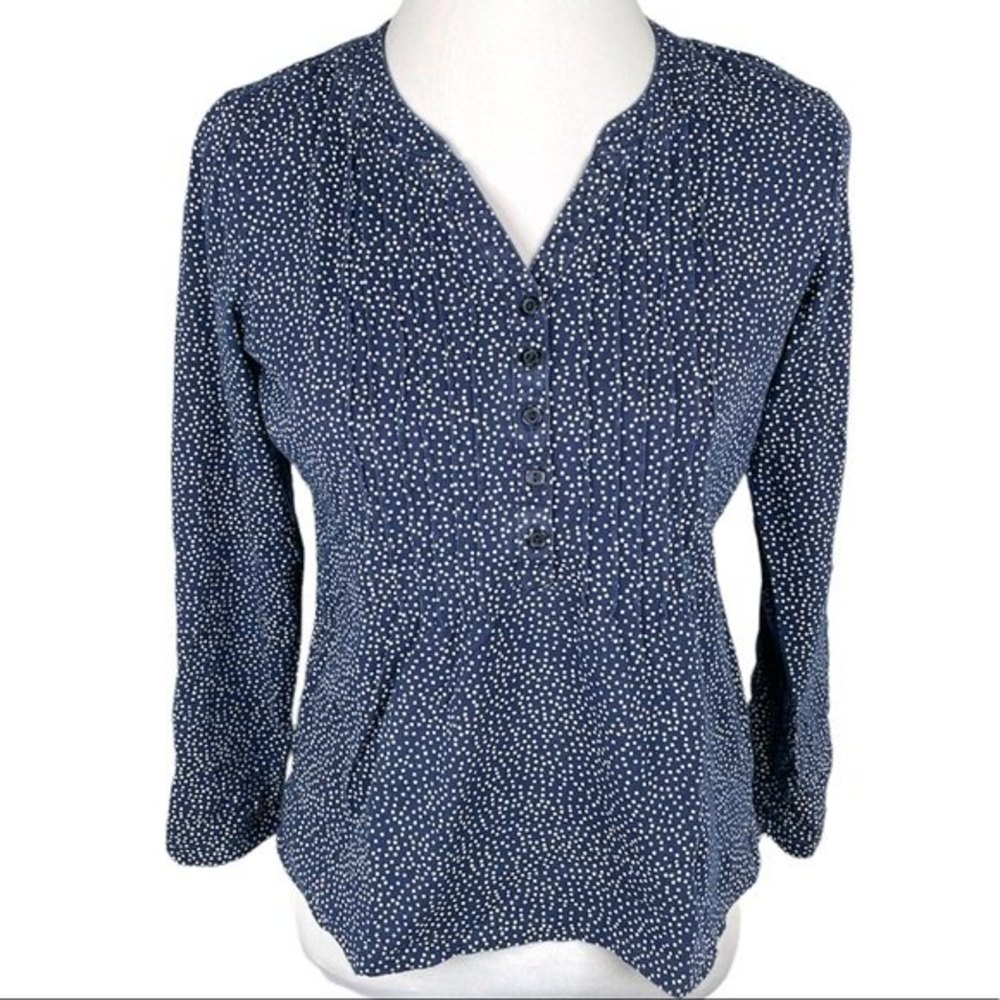 LL Bean Polka Dot Long Sleeve T Shirt Navy Blue White Size Petite Small